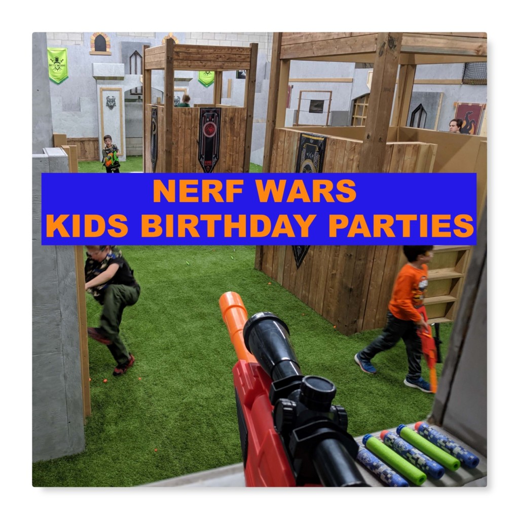 nerf wars birthday party photo with kids holding nerf guns in the mississauga birthday arena